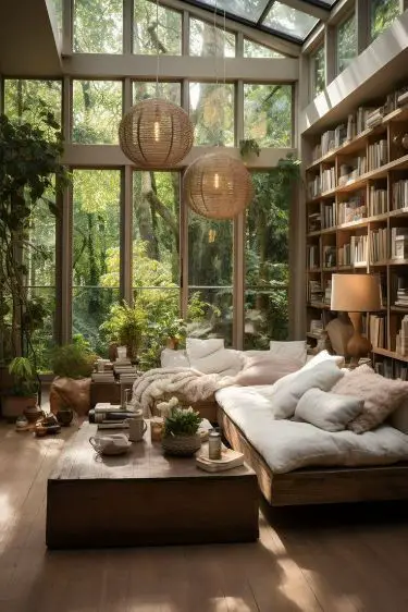 Cozy library room with floor-to-ceiling windows overlooking lush forest