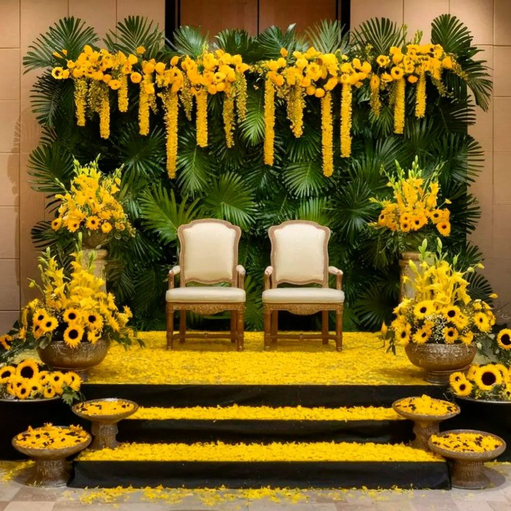 Tropical wedding stage with green palms and yellow flowers