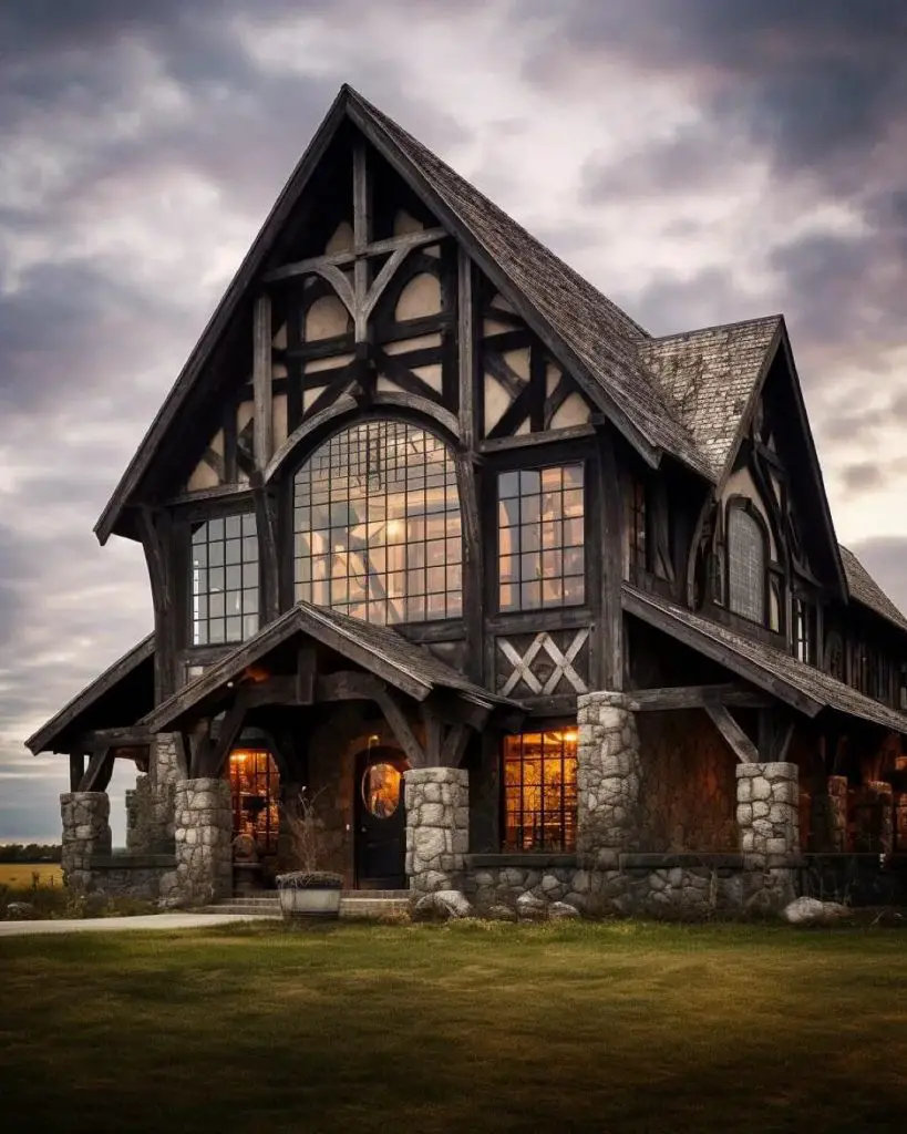 Rustic black Tudor barndominium with stone pillars at sunset