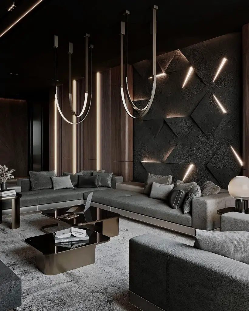 Moody living room with geometric lighting and dark decor