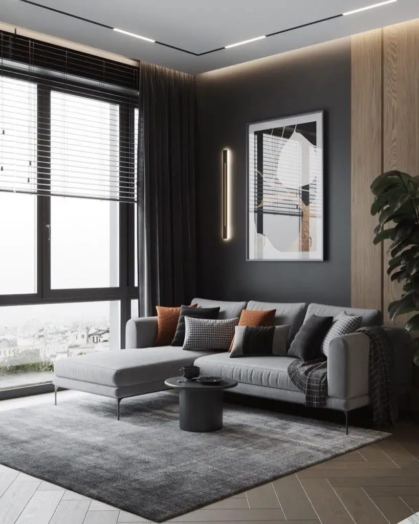 Modern gray living room with city view and minimalist decor