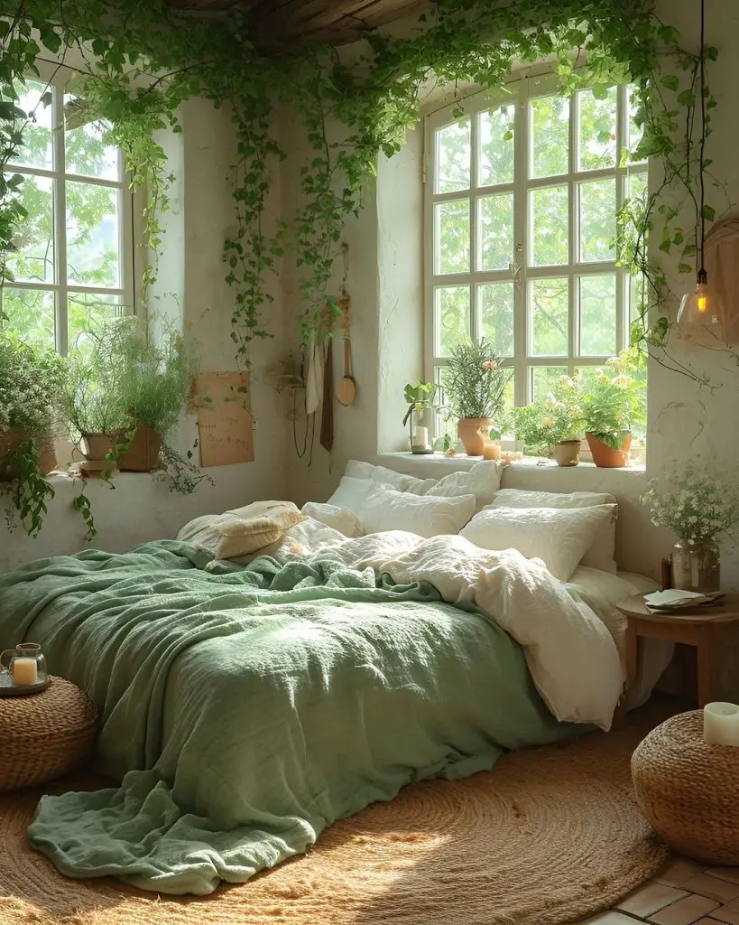 Bedroom filled with plants sunlight and cozy green bedding