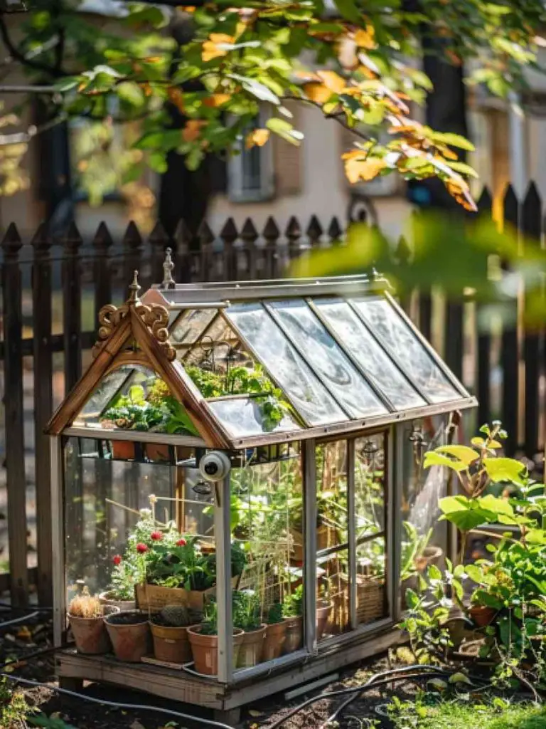 Ornate miniature Victorian-style greenhouse with plants in garden setting