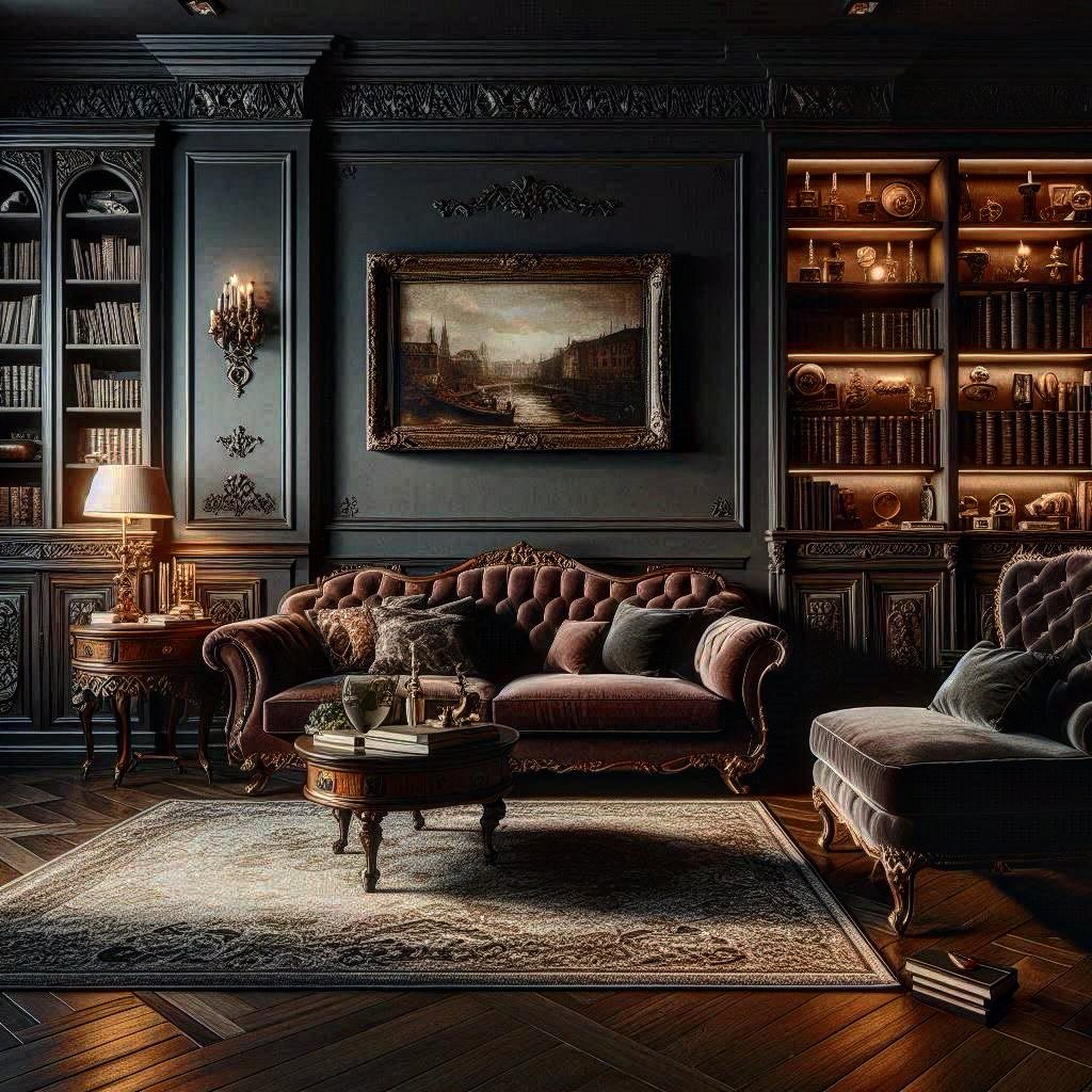 Dark Victorian library with velvet sofa and ornate bookshelves