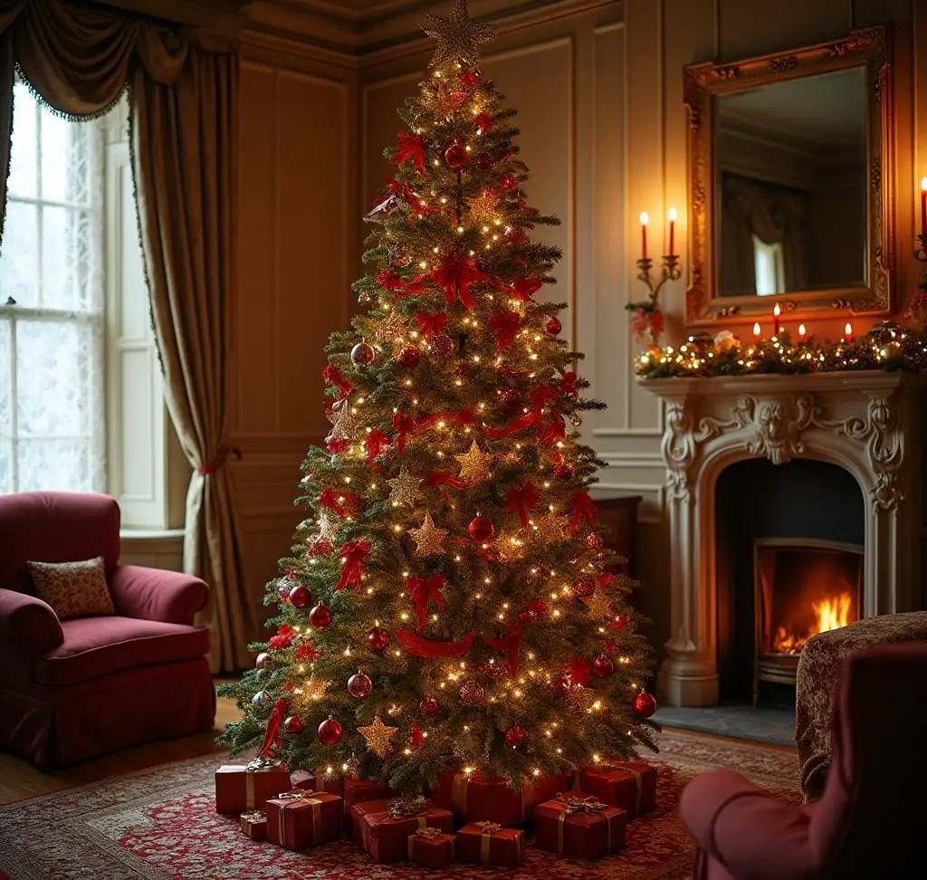 Elegant Christmas tree with red and gold decor in Victorian living room with lit fireplace