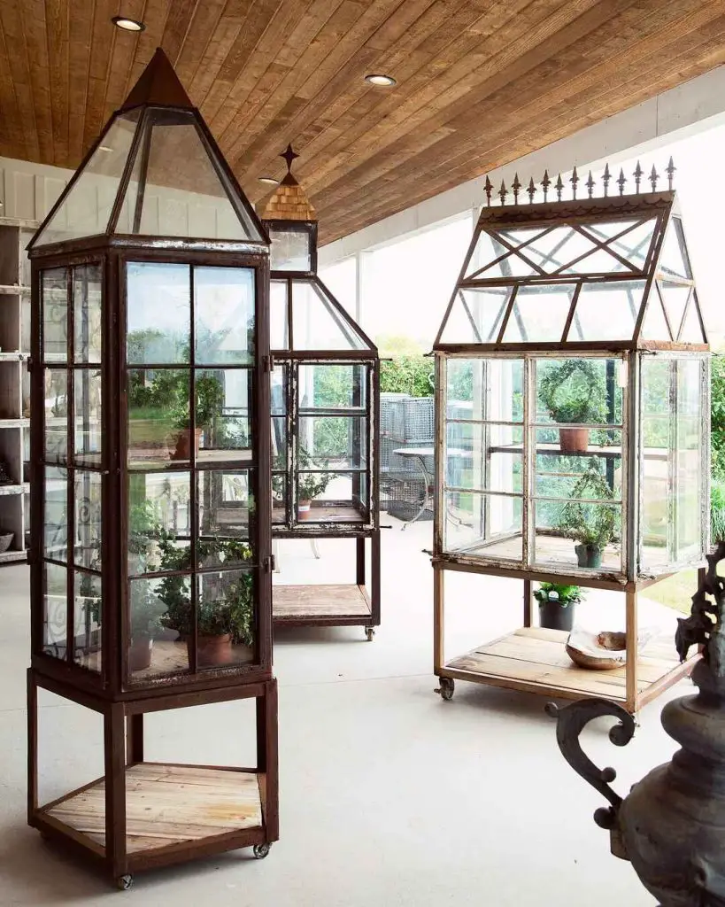 Two vintage glass terrariums with plants on covered porch