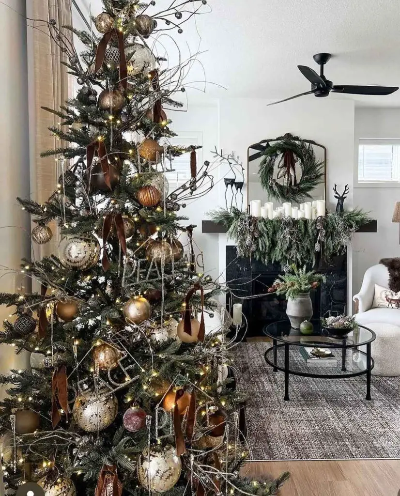 Decorated Christmas tree brings holiday spirit to a firelit living room.