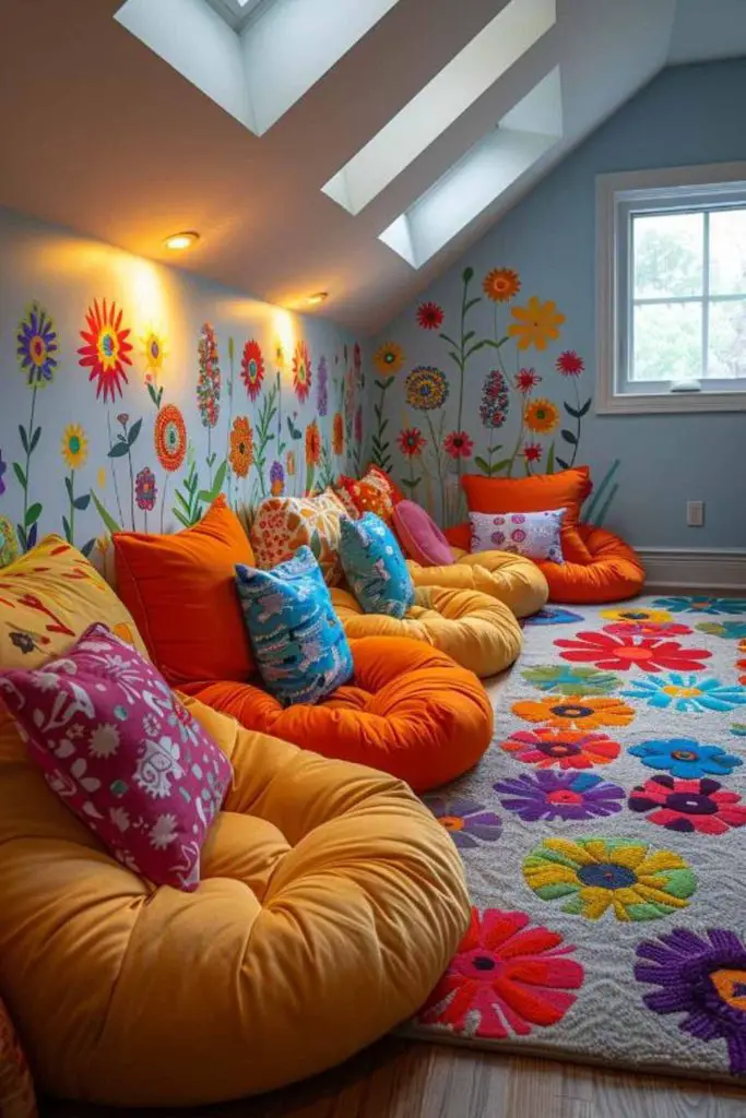 parade of oversized flowers dances across the room