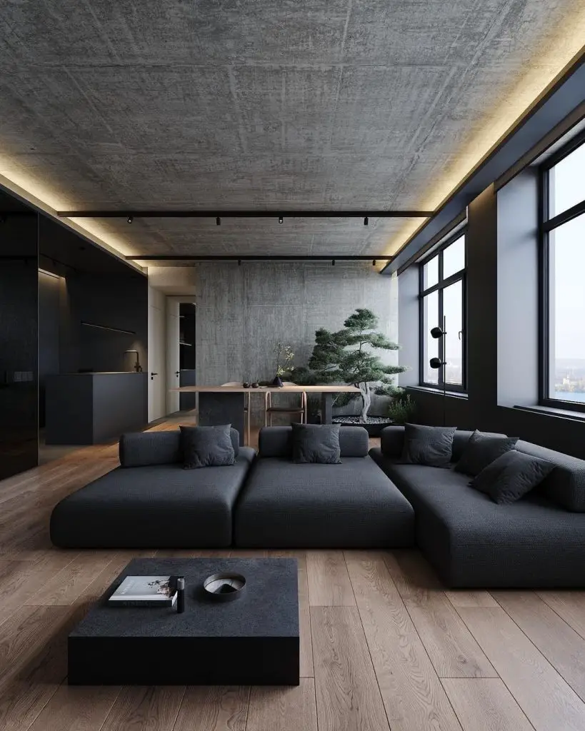 Minimalist living room with concrete ceiling and bonsai tree