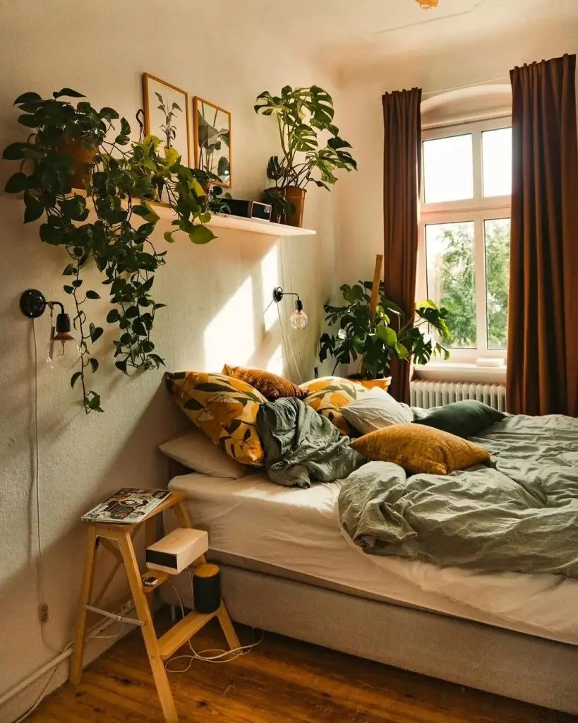 Cozy bedroom with hanging pothos plants floating shelf and earth tone bedding near bright window