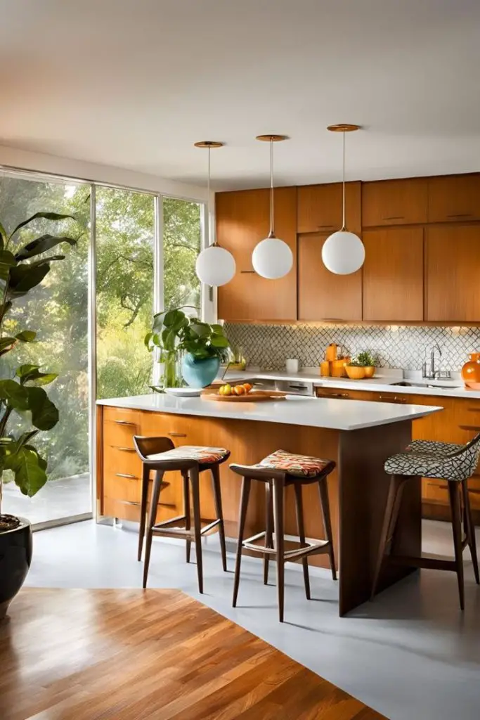 Sun-filled mid-century kitchen with wood cabinets and globe pendants