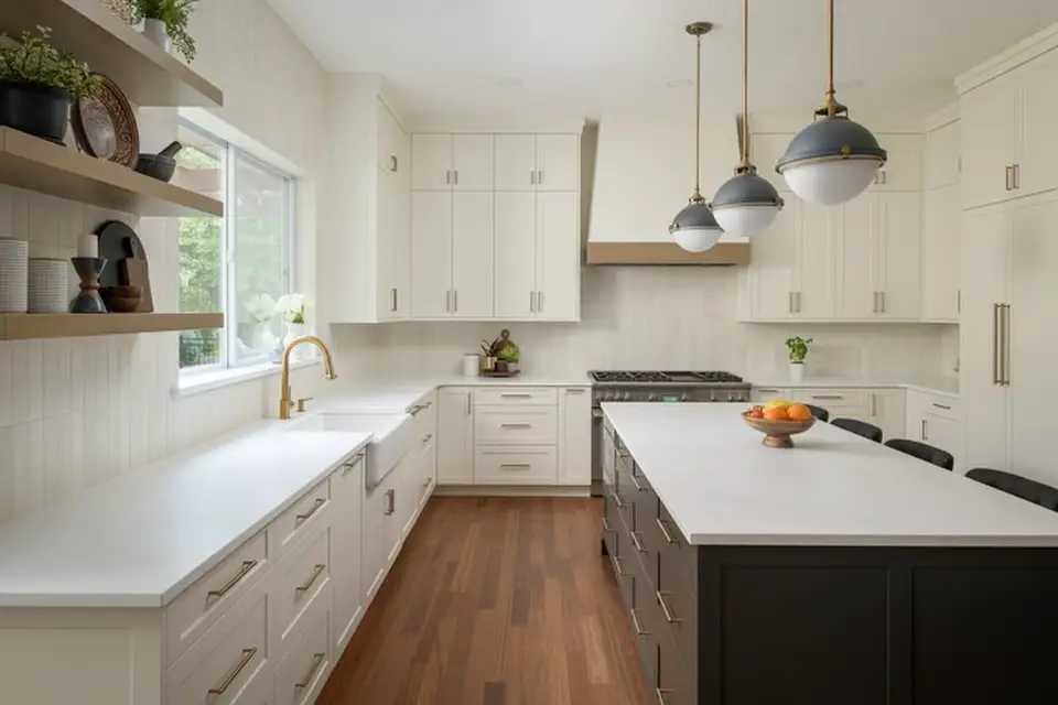 Modern white kitchen with navy globe lighting