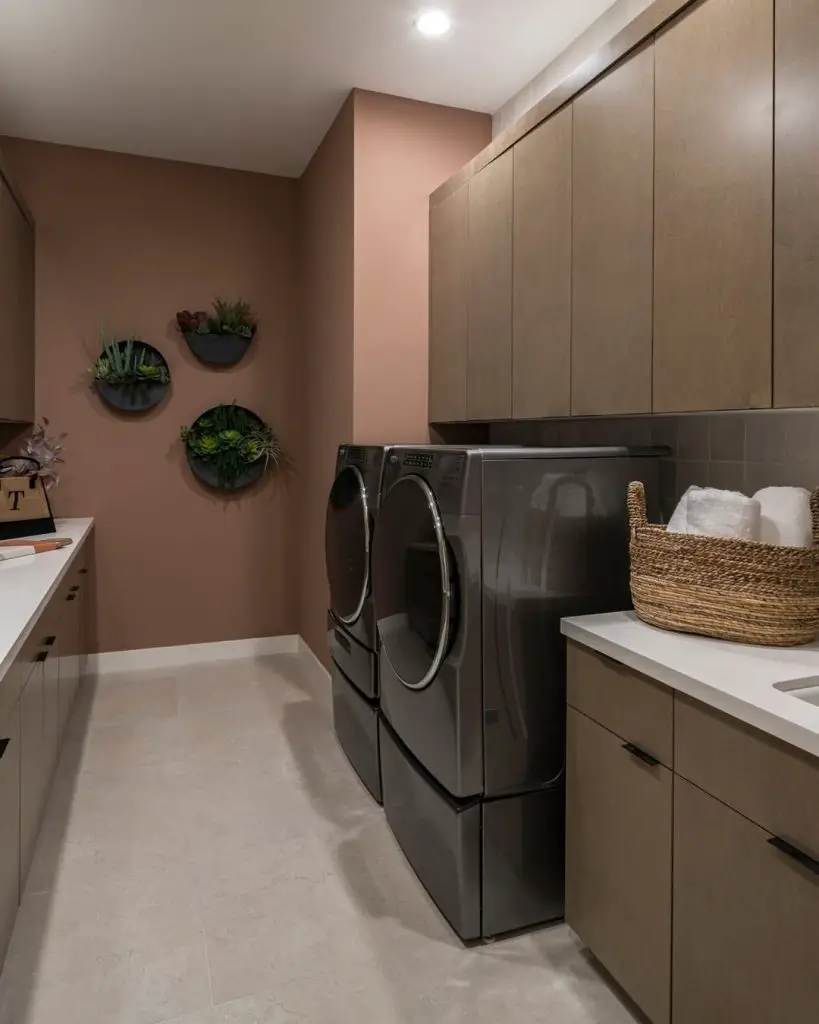 Modern laundry room with wall gardens mocha walls
