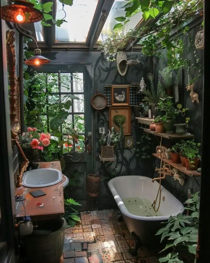 Dark botanical bathroom with clawfoot tub hanging plants and skylight in vintage greenhouse style