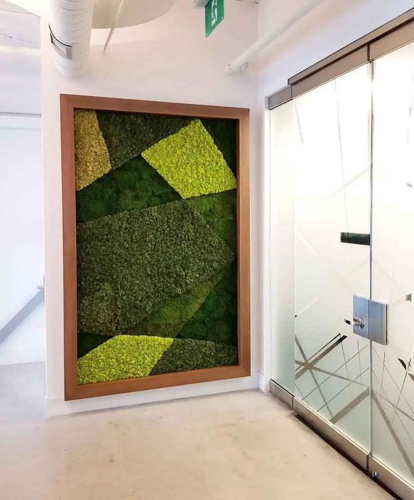 Modern geometric moss art in corporate hallway