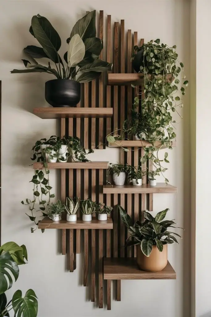 Modern wooden slat wall display with layered plant shelving