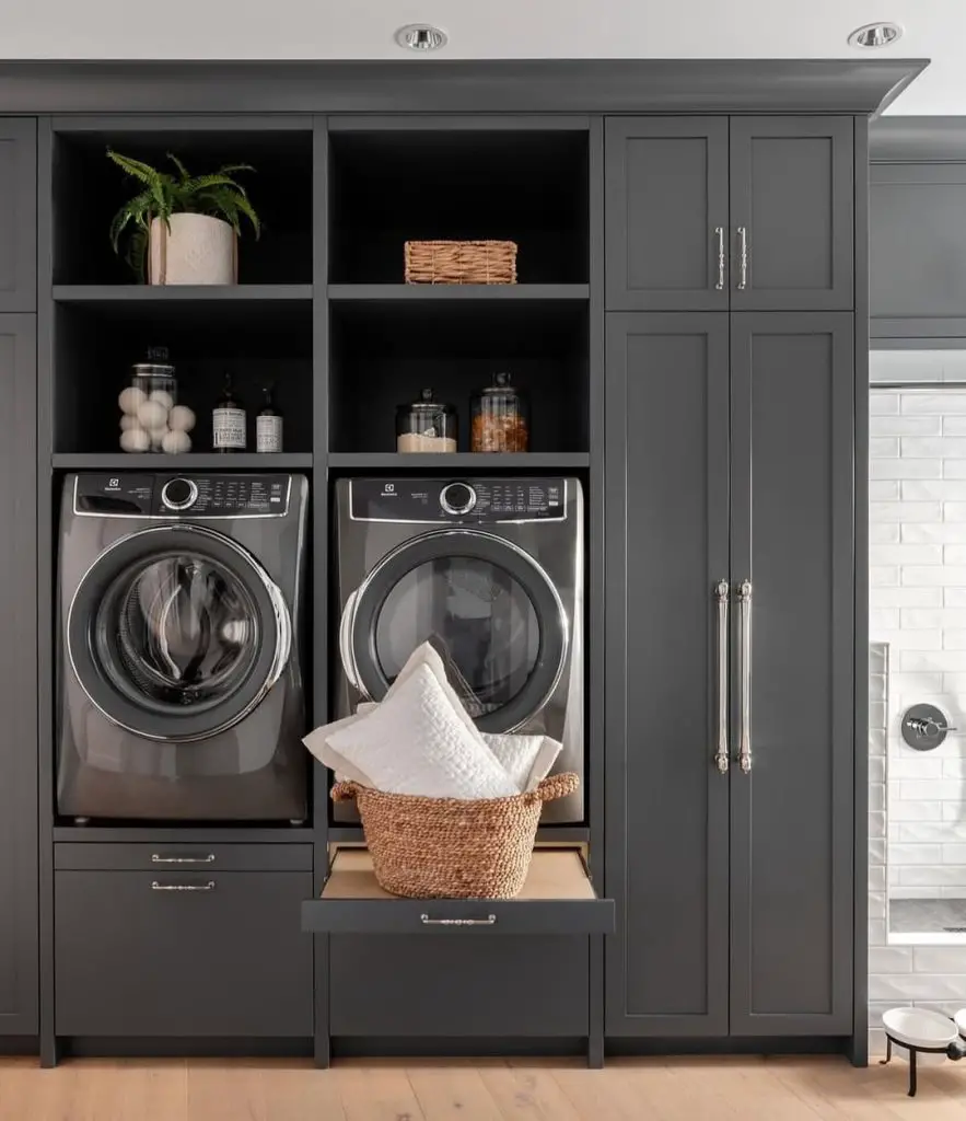 Modern charcoal laundry cabinets with integrated washer dryer and storage