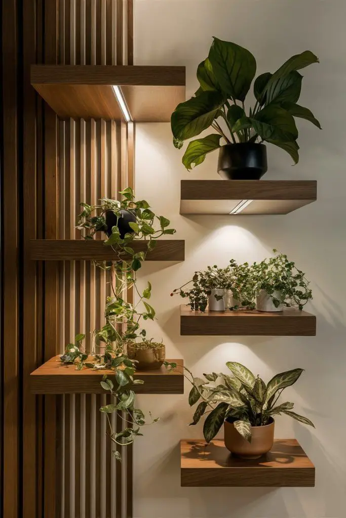 Backlit wooden shelves showcasing indoor plants with dramatic lighting