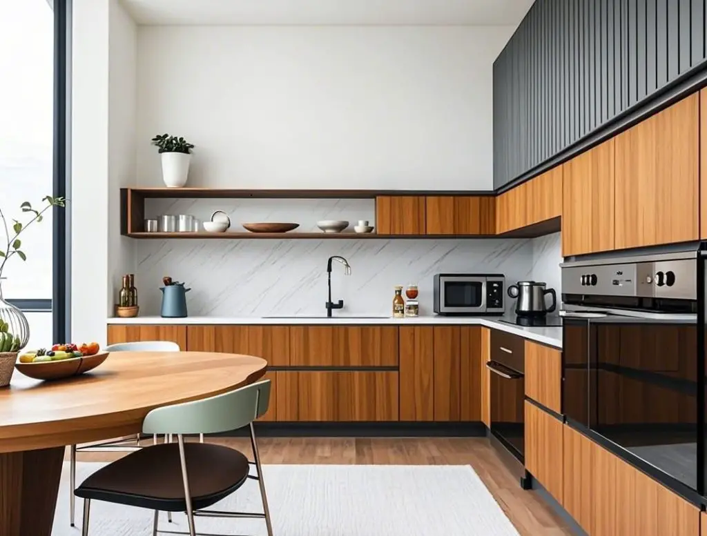 Bright mid-century kitchen featuring walnut cabinets, skylight, globe pendant