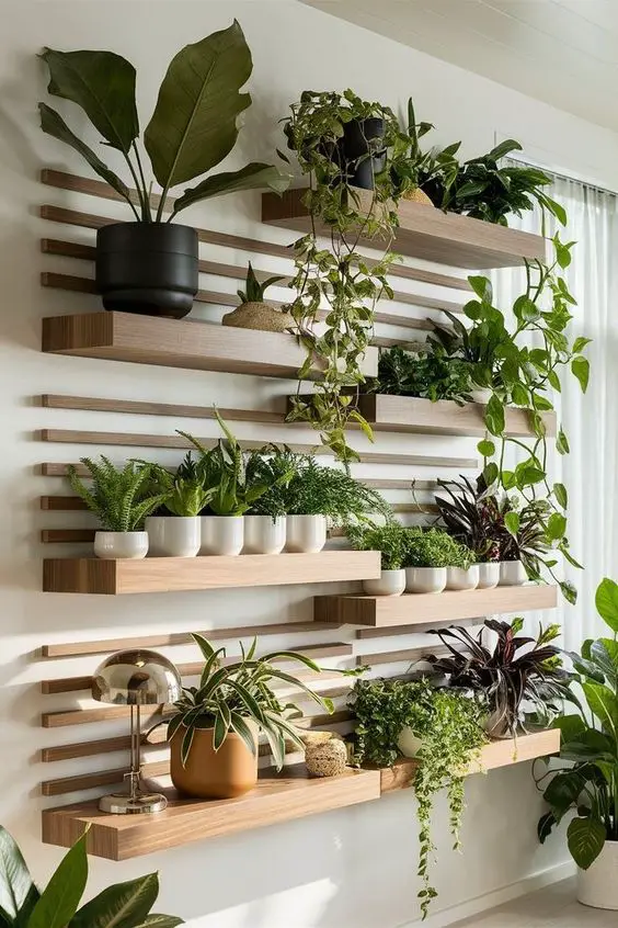 Wooden floating shelves displaying diverse indoor plants against white wall