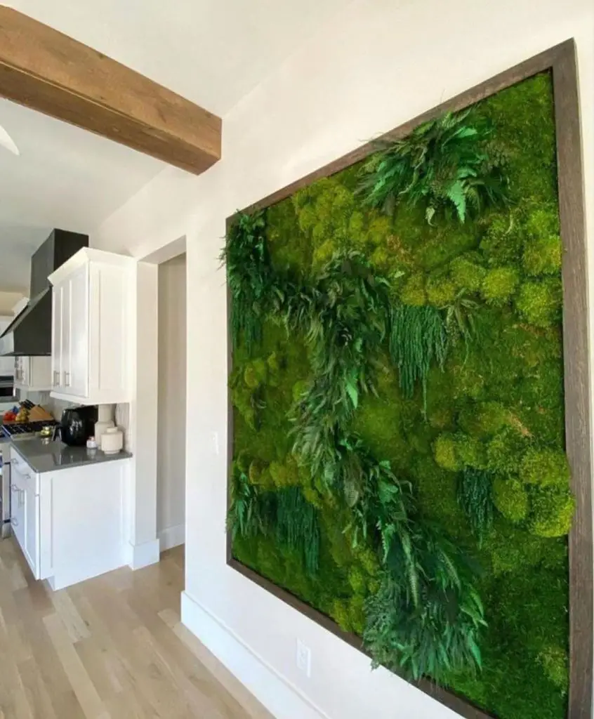 Kitchen moss wall art in modern white interior