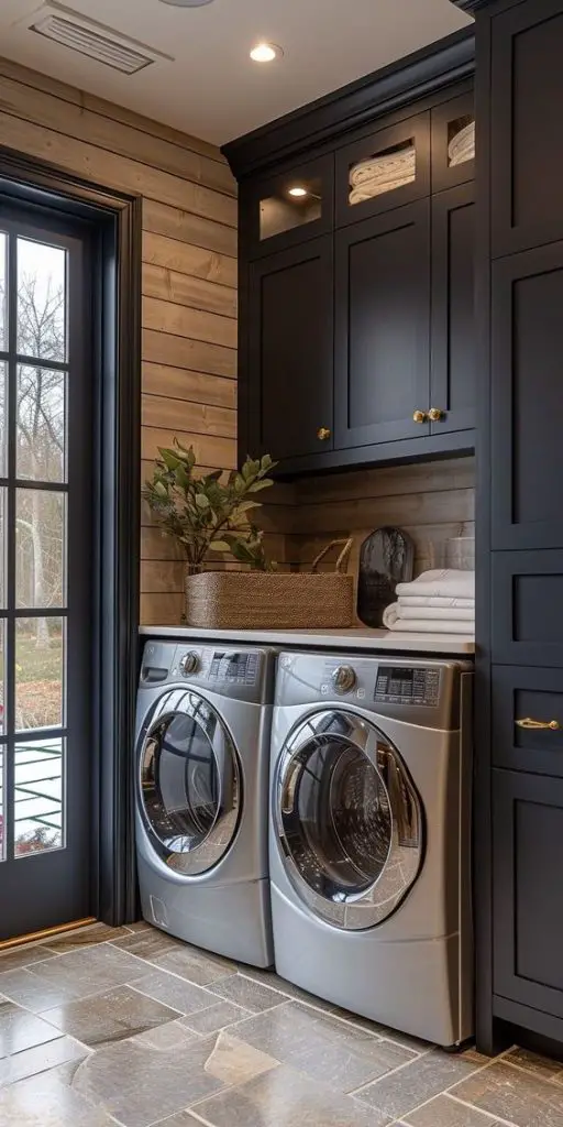 Black cabinet laundry room with rustic wood walls