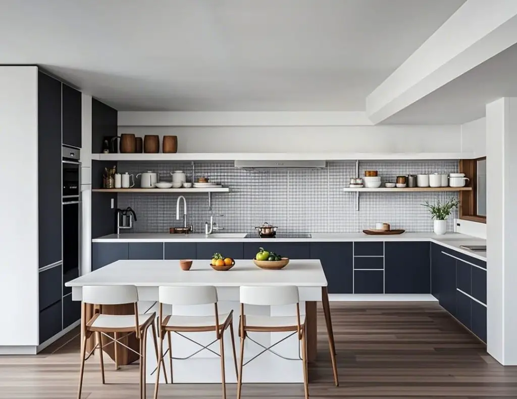 Navy and white kitchen with open shelving and modern dining set
