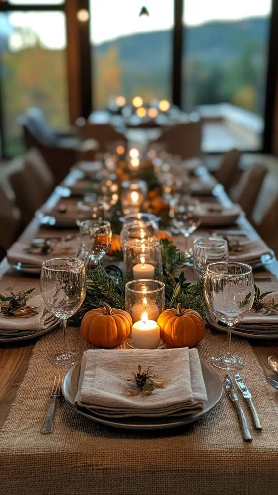 Intimate Thanksgiving table with glowing candles pumpkins and mountain view through large windows