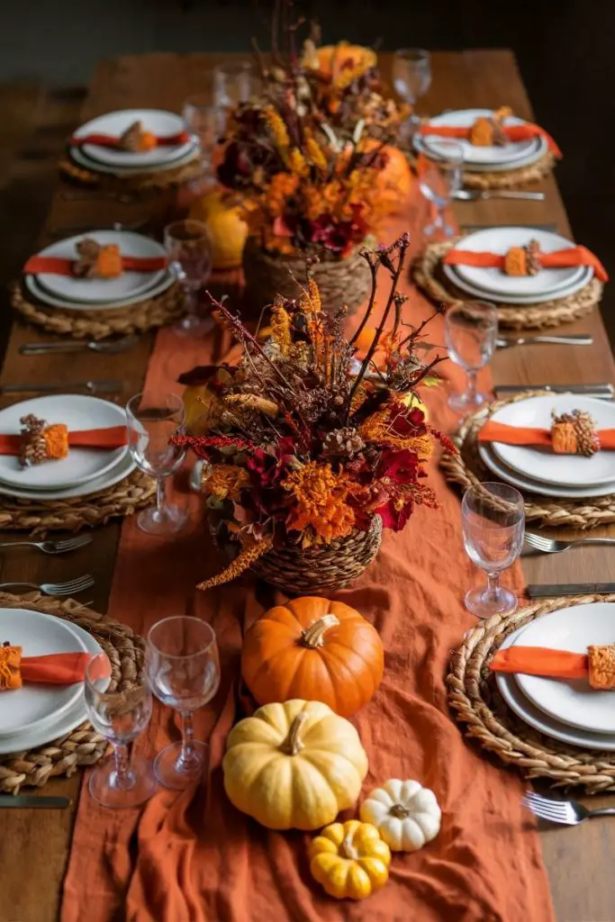 Rustic fall table setting with orange runner woven chargers and dried flower centerpieces surrounded by heirloom pumpkins