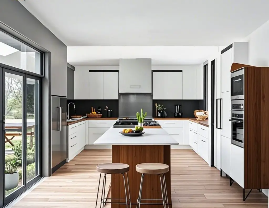 Modern white kitchen with wooden accents and black backsplash