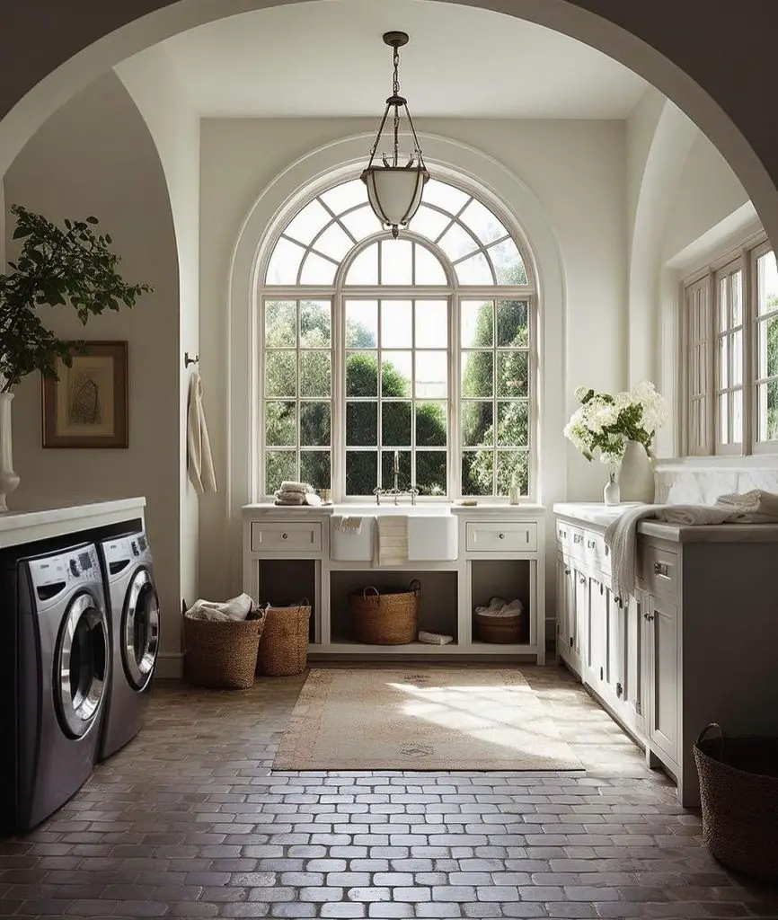 Elegant laundry room with grand arched window and brick floors