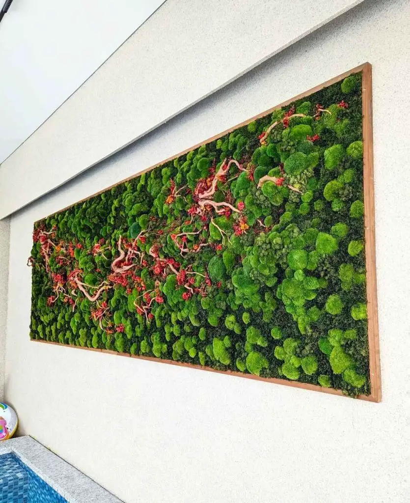 Preserved moss wall art featuring cherry blossom branch in wooden frame
