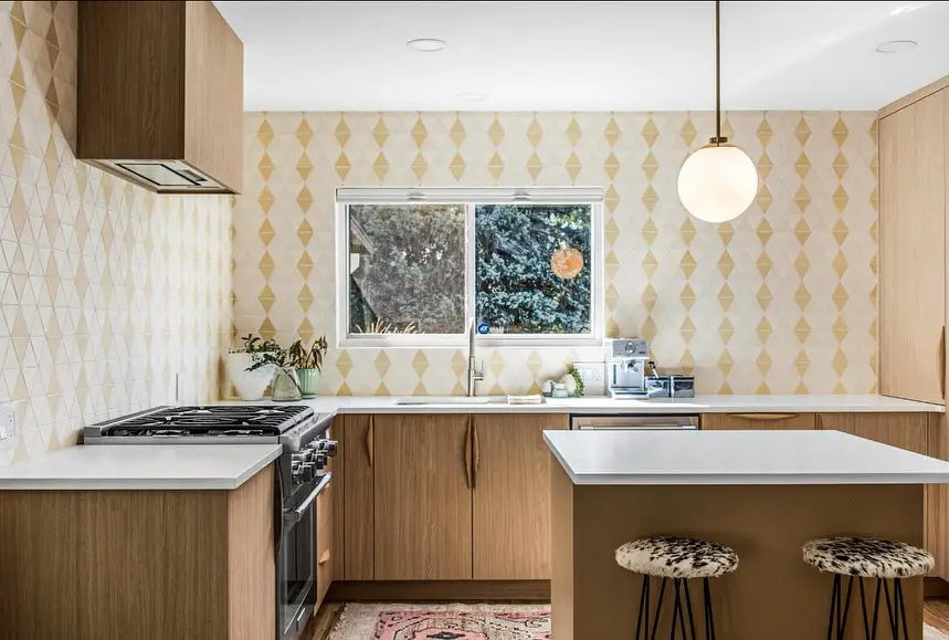 Mid-century modern kitchen with diamond wallpaper