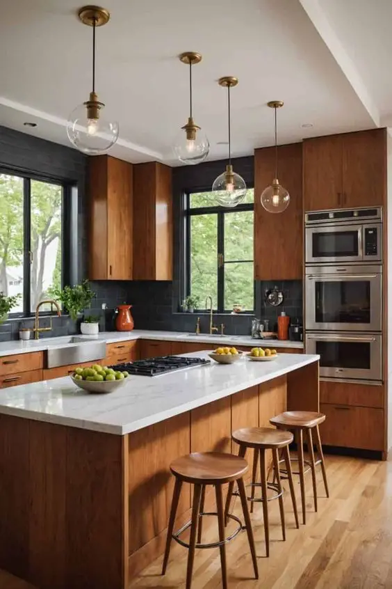Modern kitchen with wood cabinets black tile and globe lights
