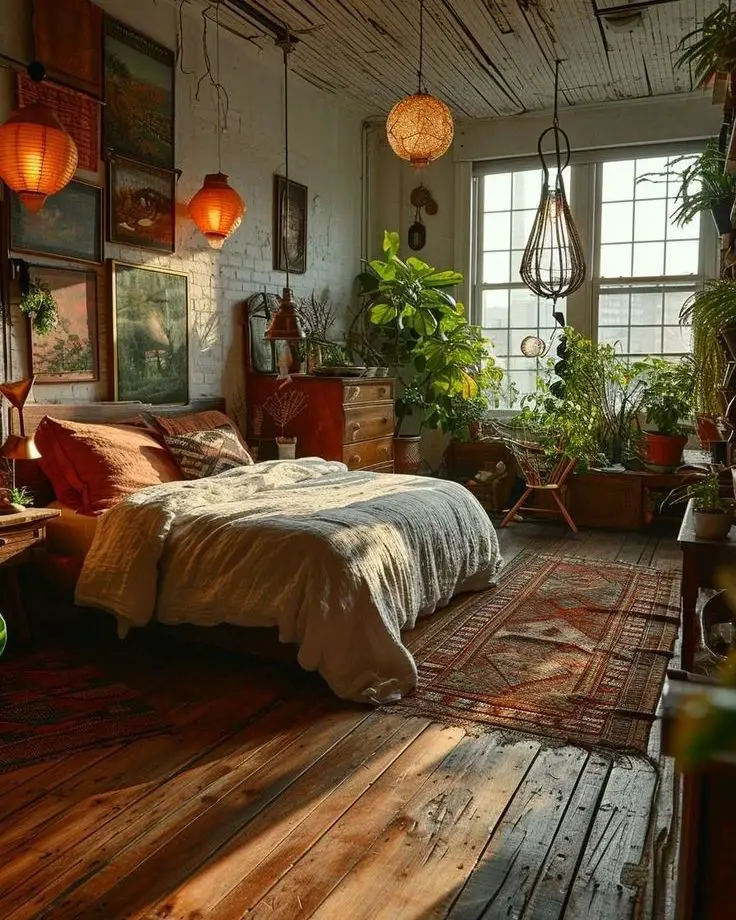 Vintage bedroom with orange lanterns oriental rugs and scattered plants near bright windows