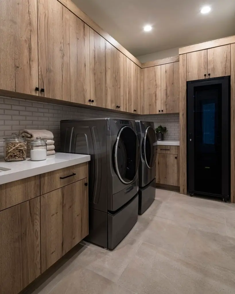 Modern wood laundry room with dark appliances