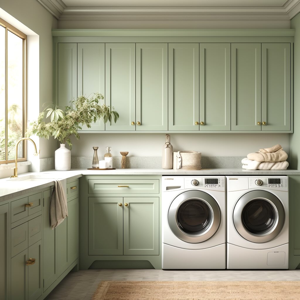 Sage green laundry room with floor to ceiling storage