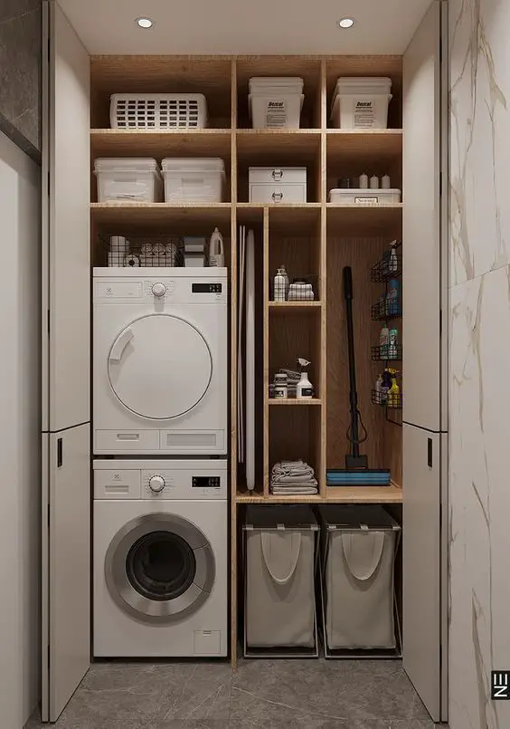 Compact stacked laundry with organized shelving
