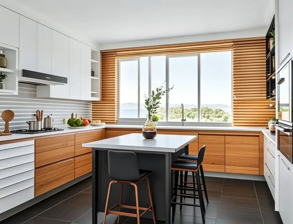 Modern two-tone kitchen with panoramic ocean view window