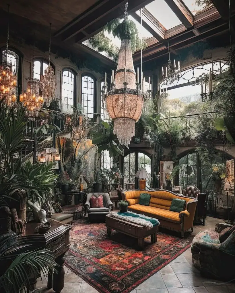 Elegant conservatory with crystal chandeliers tropical plants vintage furniture and Persian rugs under glass ceiling
