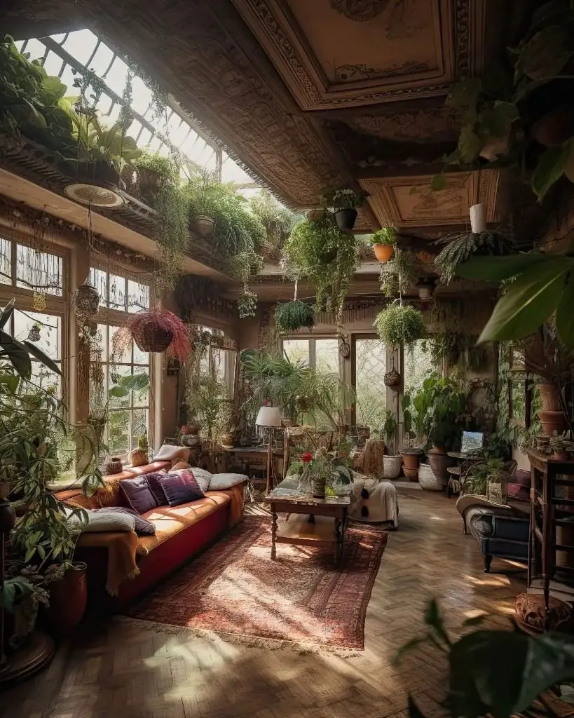 Sunlit Victorian sunroom with ornate ceiling hanging plants leather sofa and vintage furnishings on herringbone floors