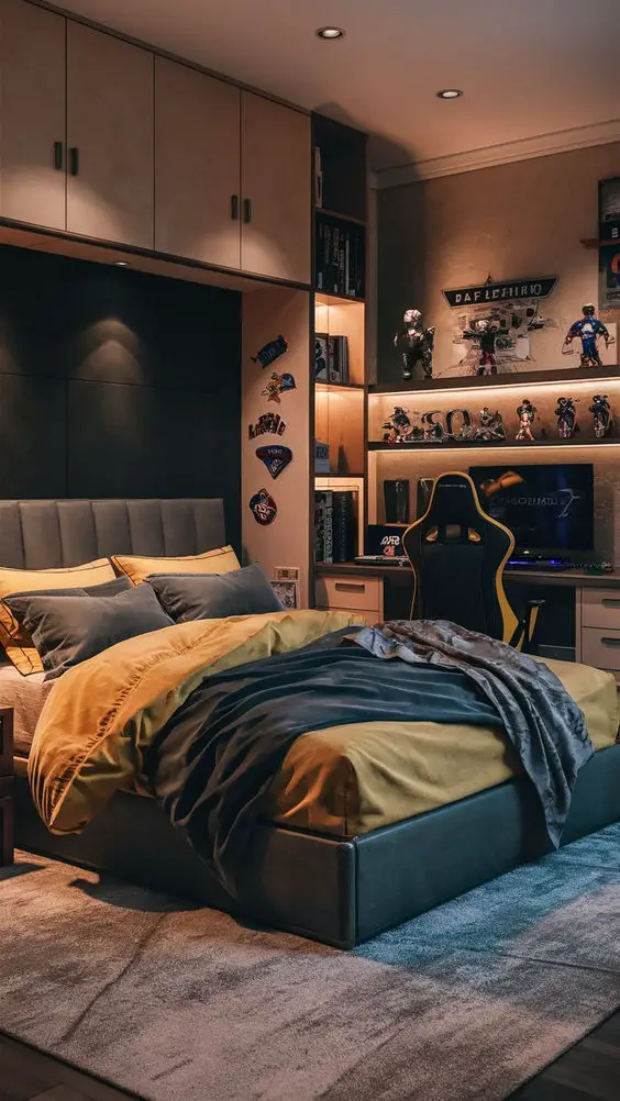 Modern gaming bedroom with collectible displays and warm ambient lighting
