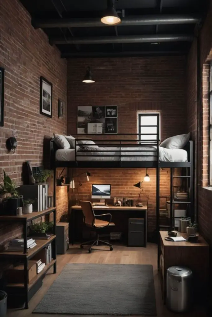 Modern loft bed with industrial style office space featuring exposed brick walls and wooden furniture