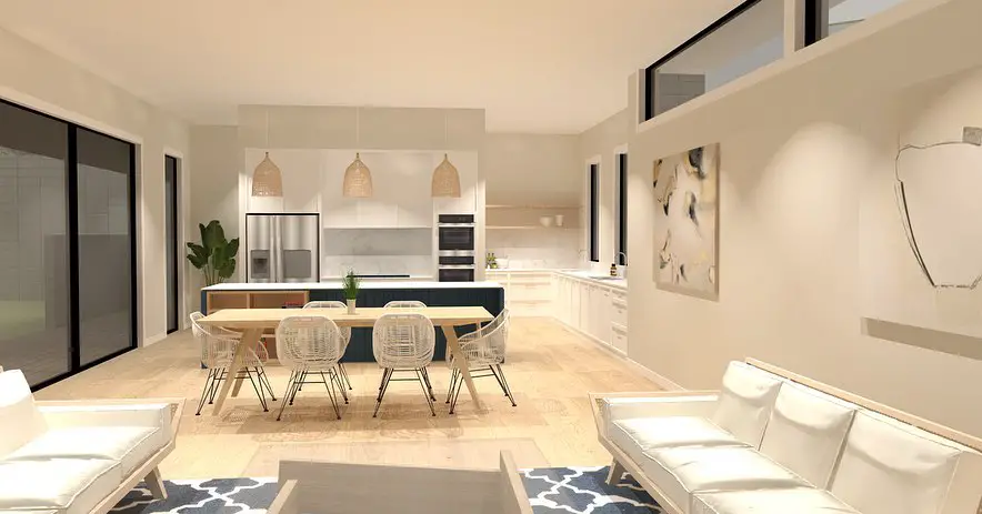 Bright coastal inspired open concept kitchen living room