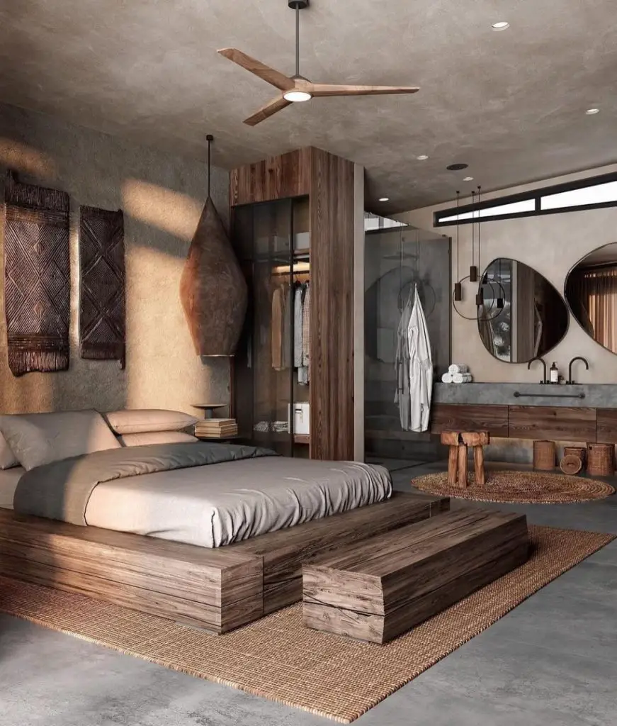 Teen bedroom with neon sign geometric chandelier and upholstered platform bed.