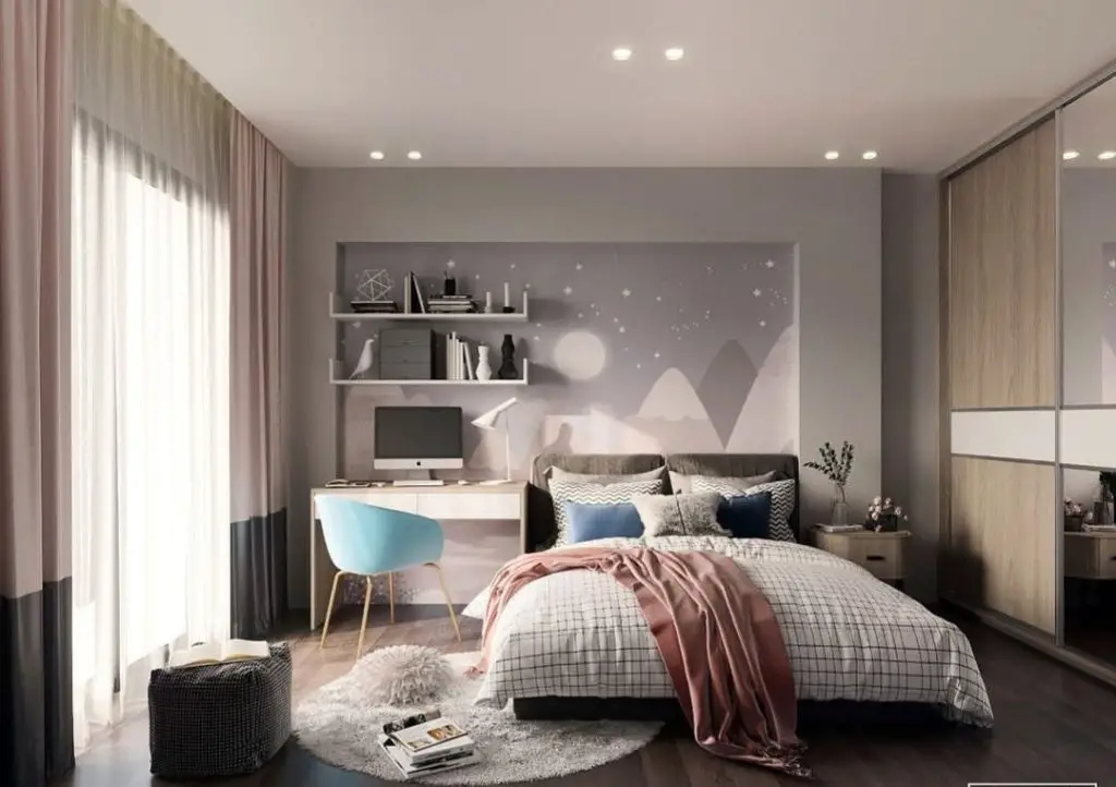 Modern bedroom featuring purple accent wall pendant lights and mirrored wardrobes.