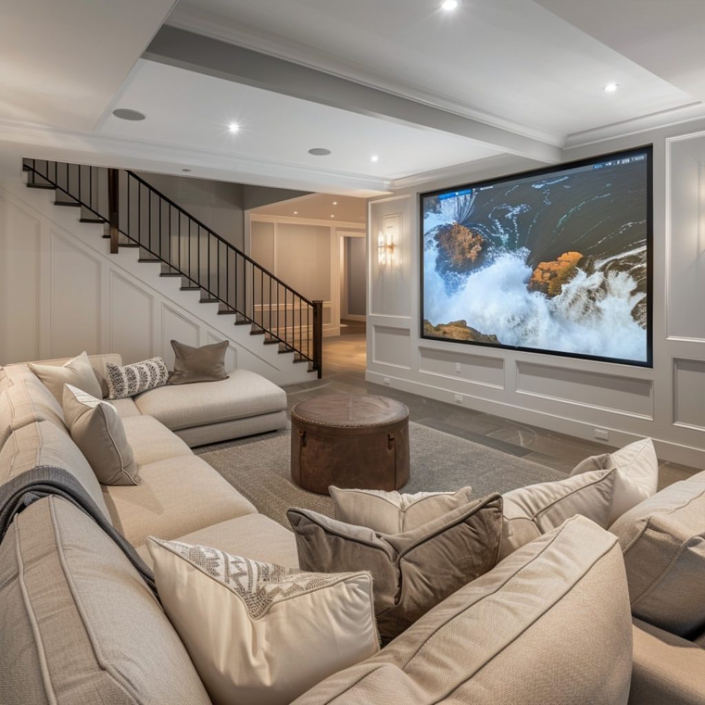Zoned basement TV room with workspace