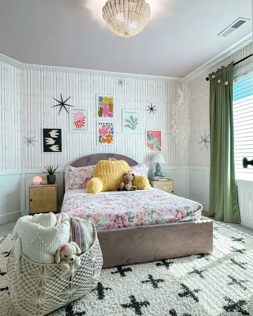 Modern loft bedroom with platform bed dark accent wall and built-in storage steps.