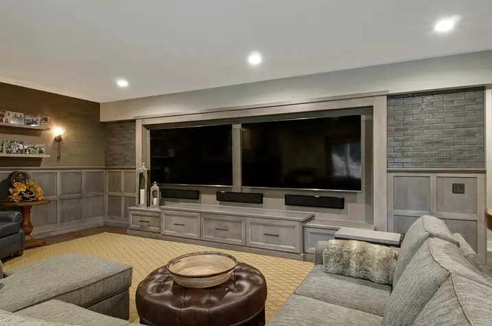 Family basement with TV and games area