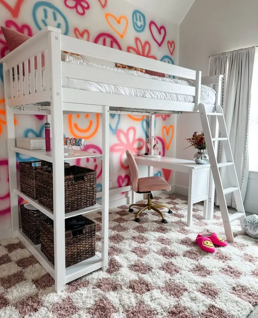 White loft bed with built-in desk and heart-themed wall murals